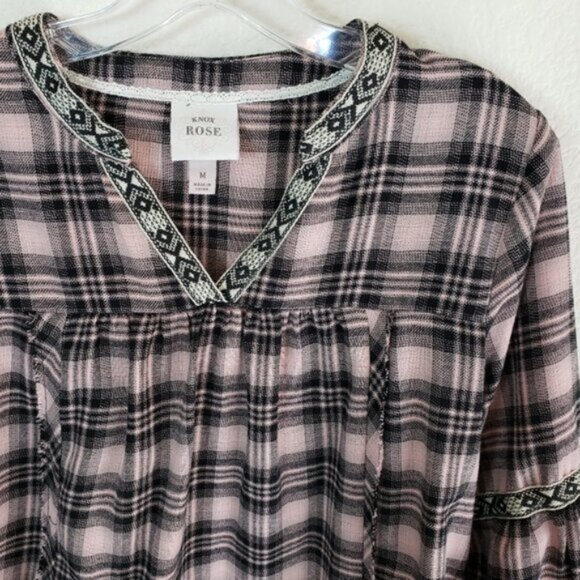Knox Rose Bohemian Plaid Puff Sleeve Peasant Blouse Top size M - Picture 3 of 12